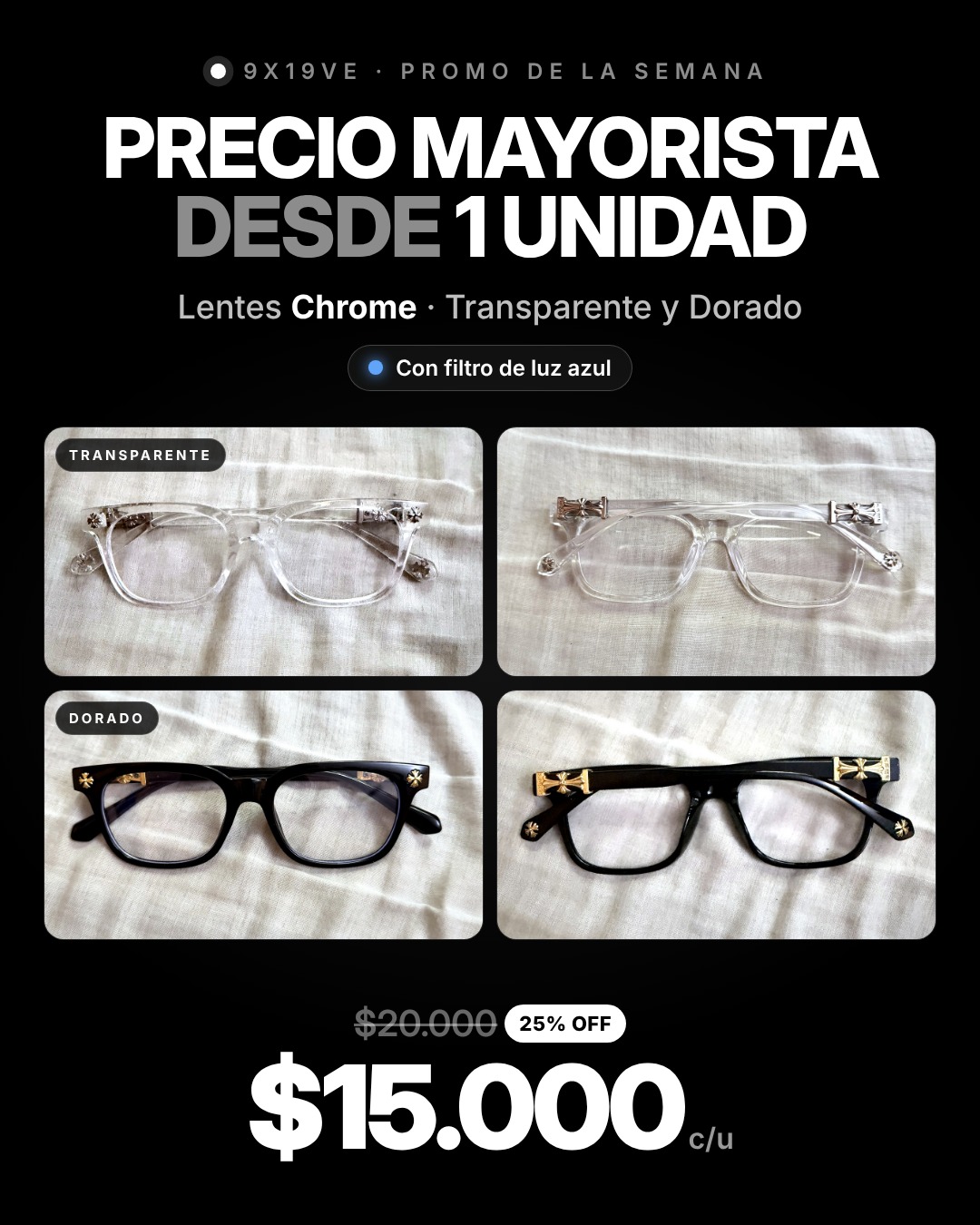 Oferta semanal: lentes transparente y dorado a precio mayorista